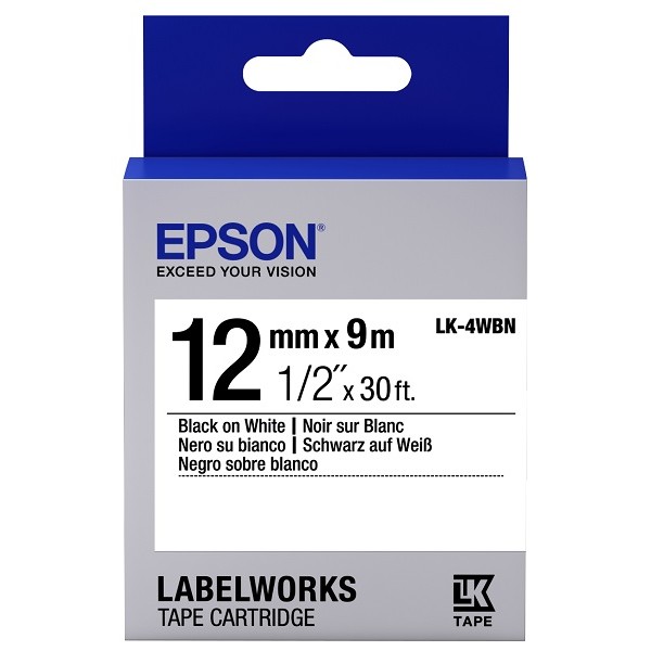 Epson LK-4WBN 9Mt 12mm Standart Beyaz üzeri Siyah Etiket