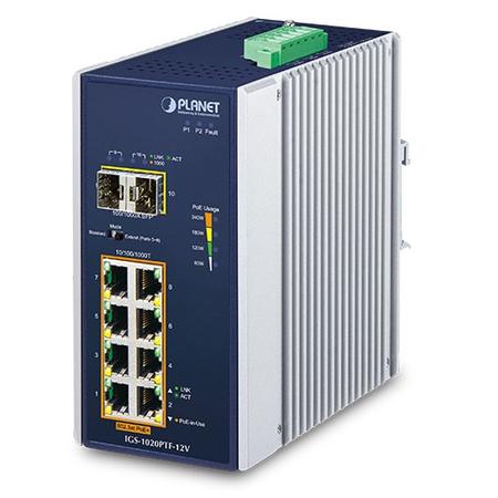 Planet PL-IGS-1020PTF-12V 8 Port Gigabit Poe 2 Port SFP PoE+ Yönetilebilir PoE+ Endüstriyel Switch