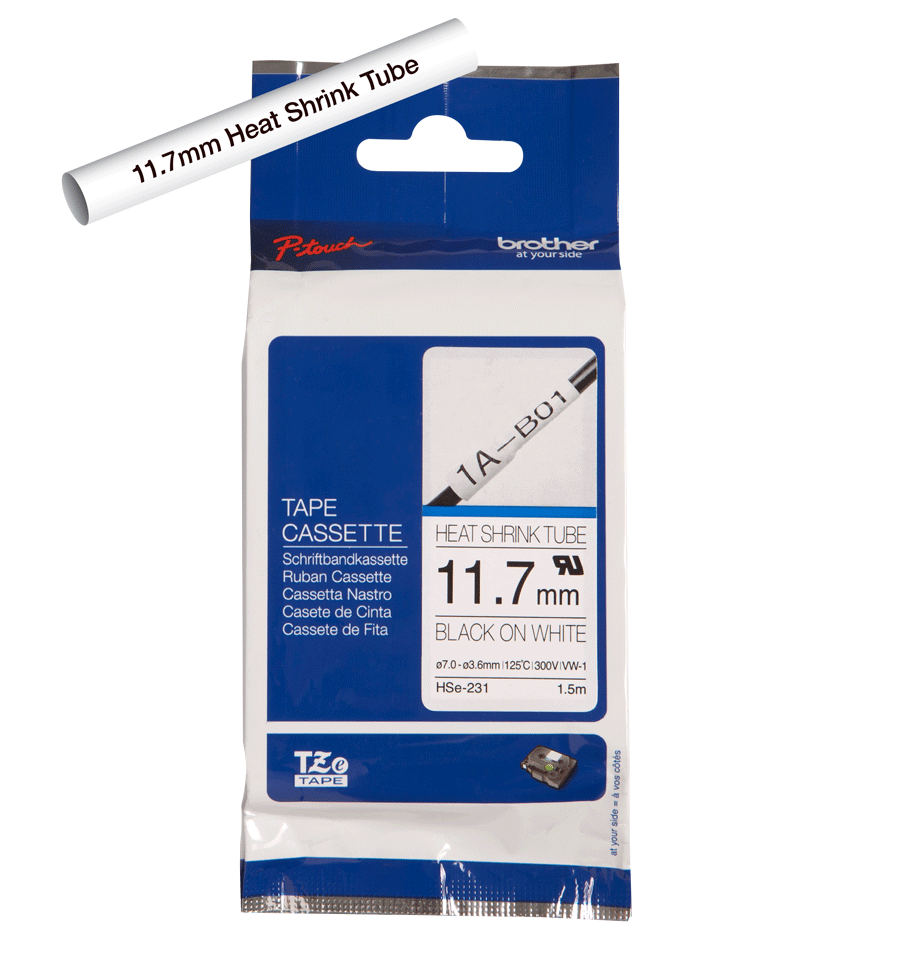Brother HSE-231 P-Touch 1.5Mt 12mm Beyaz Üzeri Siyah Isı İle Daralan Laminasyonlu Etiket