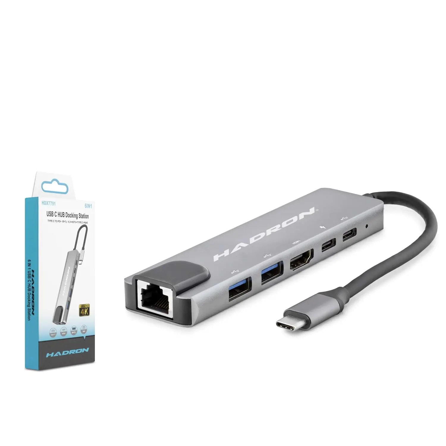 Hadron HDX7791 Usb Type C to HDMı 4k 30Hz RJ45 2 Port PD 2 Port Usb 6 in 1 Dock Station
