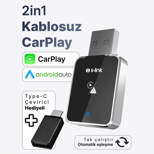 S-Link SL-CAR01 2in1 Android ve Apple Cihazlar Kablosuz Android Auto ve Carplay Adaptörü