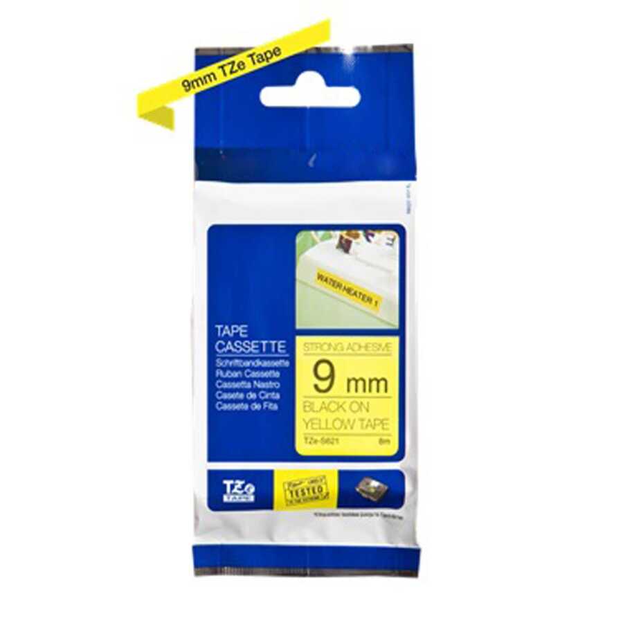 Brother P-Touch TZE-S621 9mm 8Mt Sarı Üzeri SiyahGüçlü Yapışkanlı Laminasyonlu Etiket