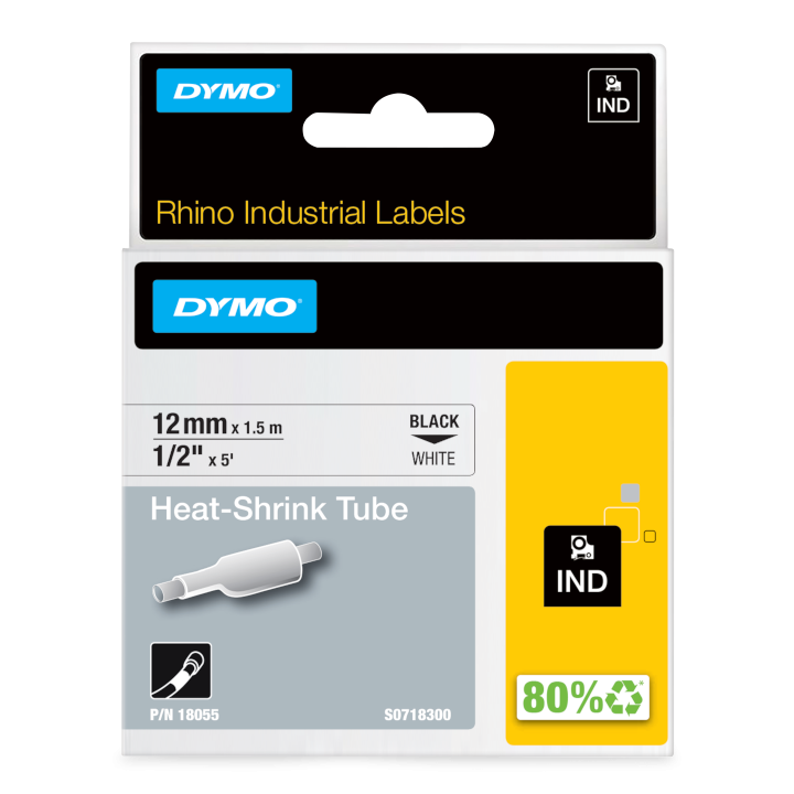 Dymo 18055 RhinoPRO 1.5Mt 12mm Beyaz Siyah Isıyla Küçülen Şerit