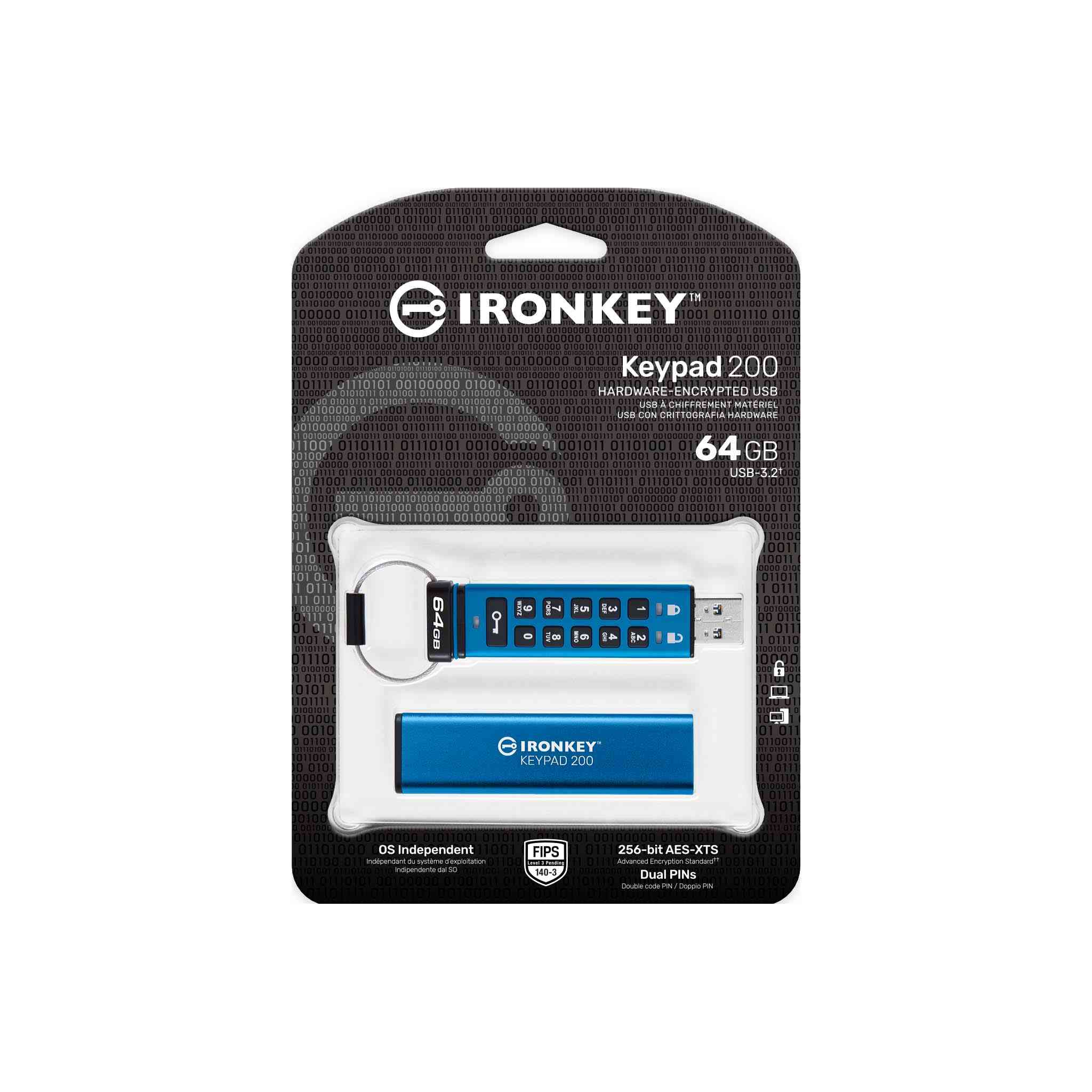 Kingston IKKP200/64GB 64 GB 145-115 Mb/s IronKey Keypad 200 140-3 LVL 3 USB 3.0 Flash Bellek