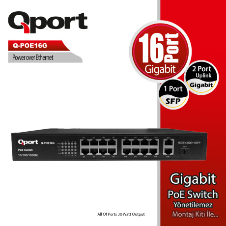 Qport Q-POE16G 16 Port Gigabit Poe 2 Port Uplink 1 Port SFP 200W Poe Switch