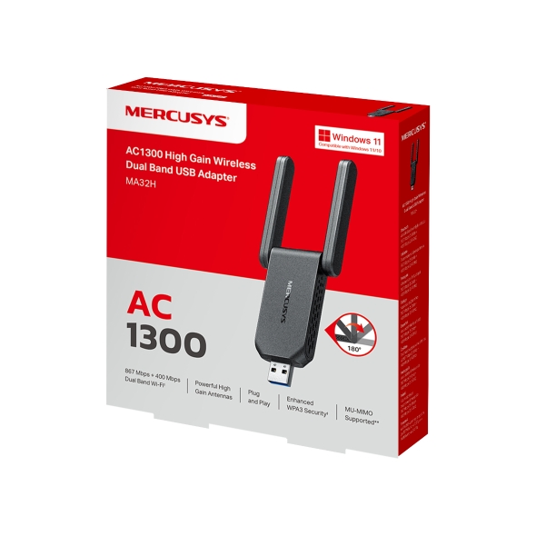 Tp-Link Mercusys MA32H AC1300 High Gain 2 Anteli USB 3.0 Kablosuz Ağ Adaptörü