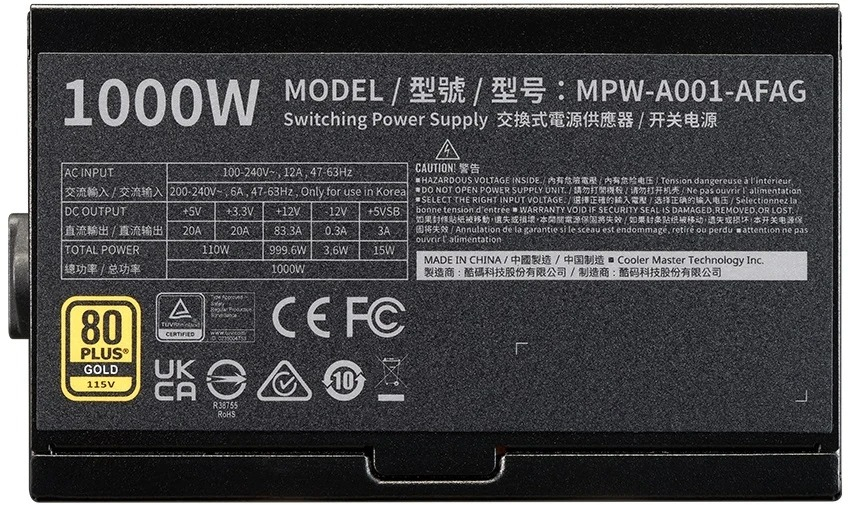 CoolerMaster PW-A001-AFAG-BEU 1000W 80 Plus Gold 12cm Fanlı Full modüler Power Supply