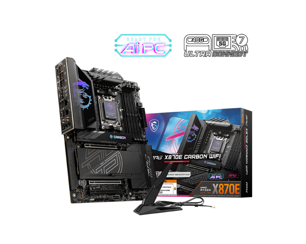 Msi MPG X870E CARBON WIFI Sc-AM5 X870 DDR5 8400Mhz 4xM.2 5Gbit 2.5Gbit LAN WiFi 7 ATX AMD Anakart