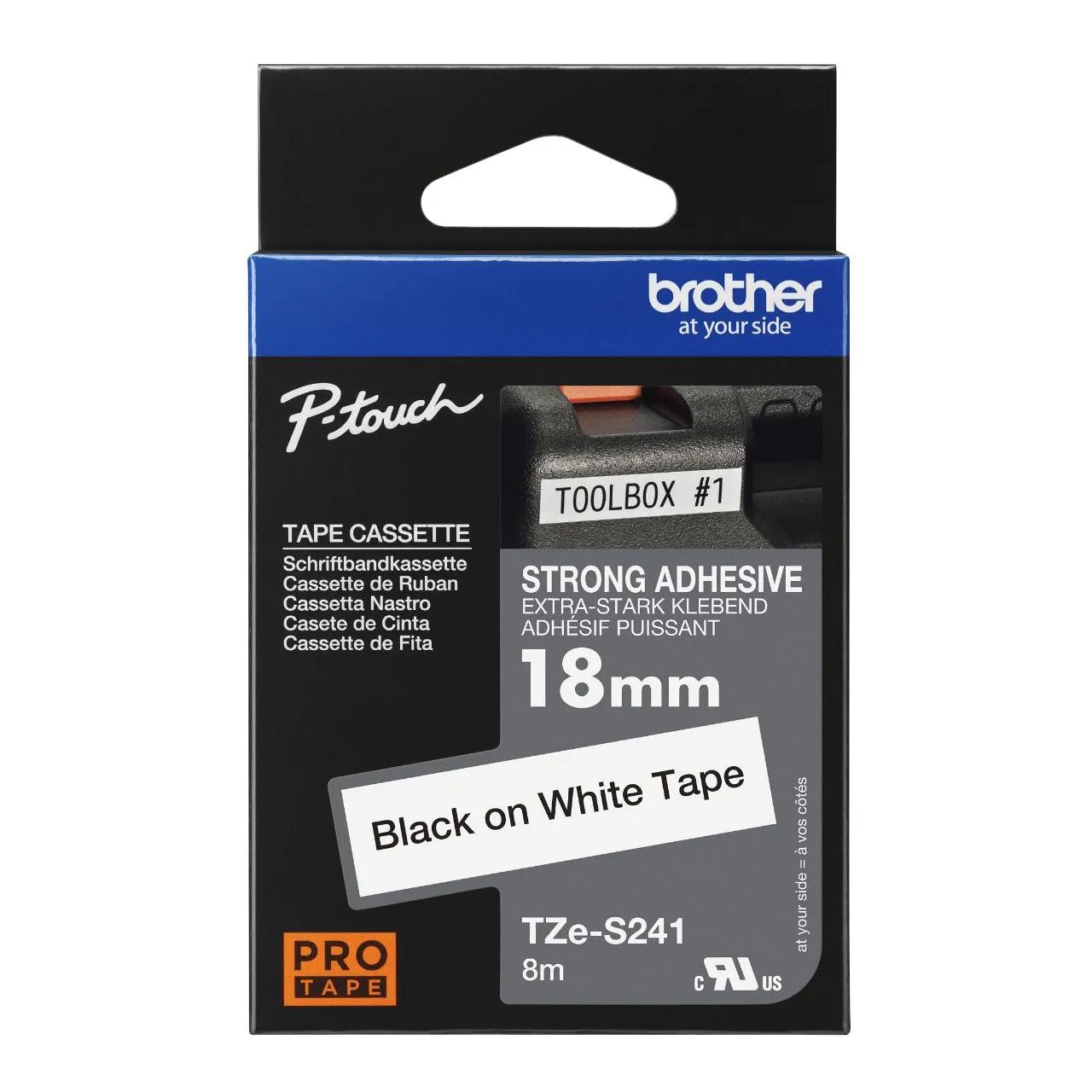 Brother P-Touch TZE-S241 18mm 8Mt Beyaz Üzerine Siyah Güçlü Yapışkanlı Laminasyonlu Etiket