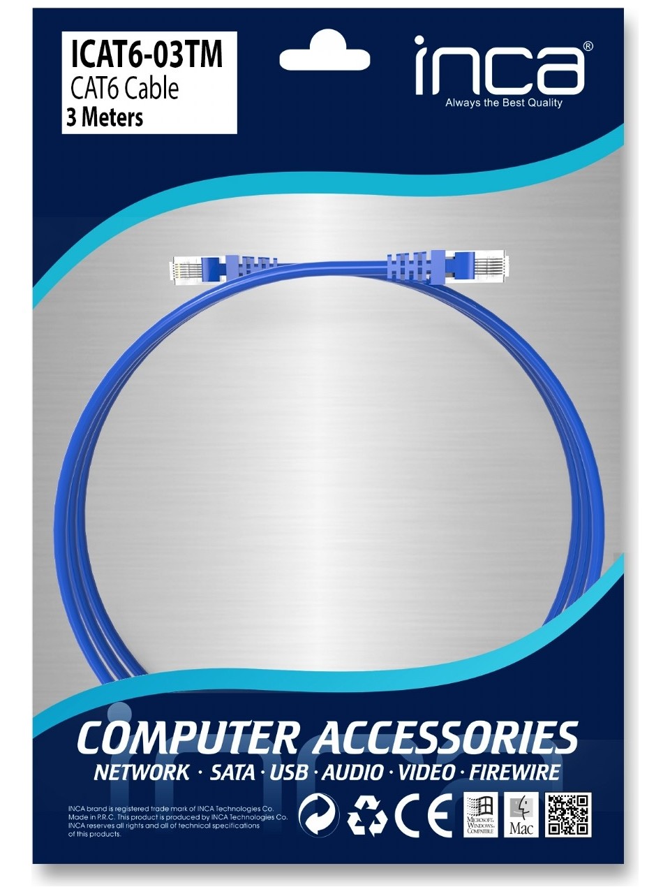 Inca ICAT6-03TM 3 Mt CAT6 24AWG Mavi Patch Cord Kablo