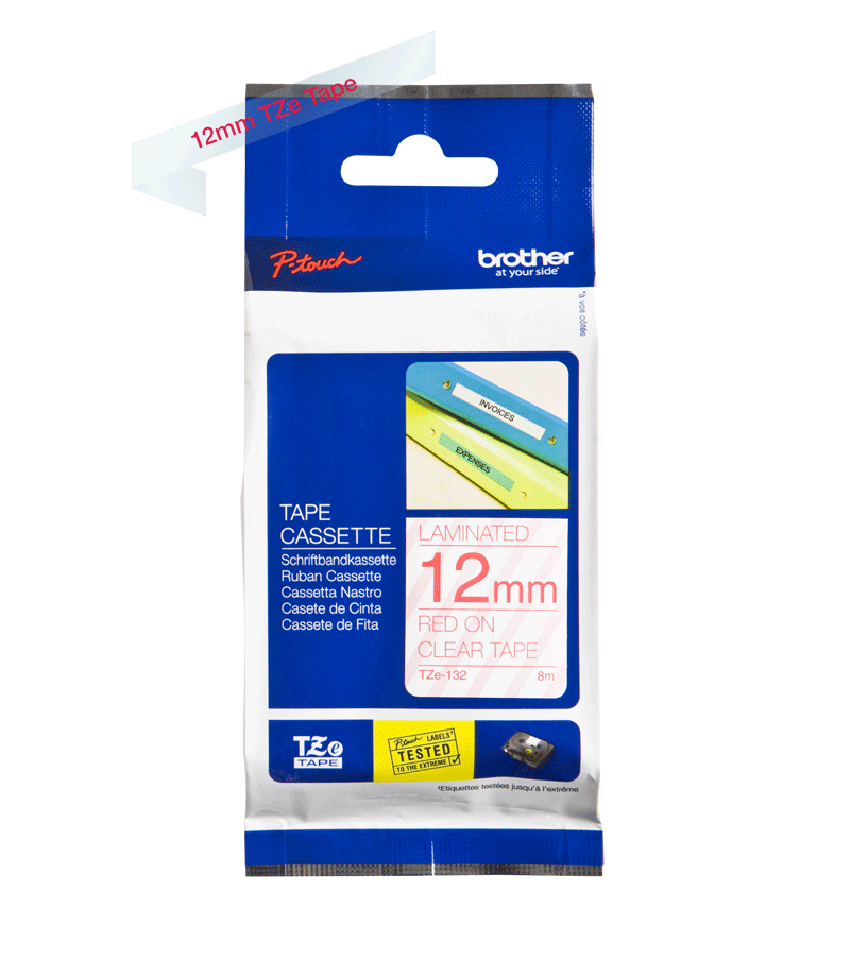 Brother TZE-132 12mm 8Mt Şeffaf Üzeri Kırmızı Laminasyonlu Etiket