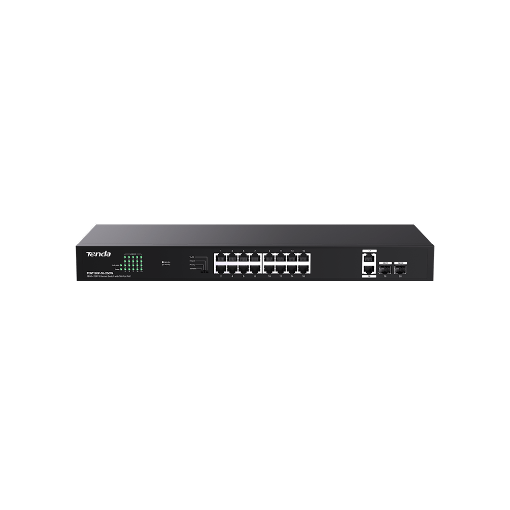 Tenda TEG1120P-16-250W 16 Port Gigabit PoE+ 2 Port Uplink 2 Port SFP 250W PoE Switch