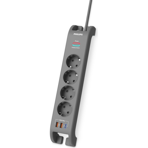 Philips SPN4140GA/62 2 Mt 4 Soket 2400 Joules 1 Port USB Type C PD 20W 2 Port USB 18W Gri Akım Korumalı Priz