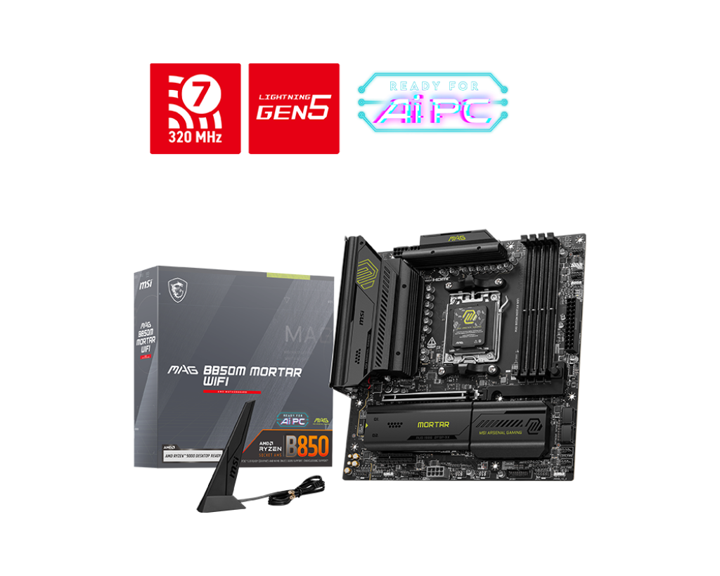 Msi MAG B850M MORTAR WIFI Sc-Am5 DDR5 8200Mhz 3xM.2 5Gbit LAN Wi-Fi7 mATX AMD Anakart