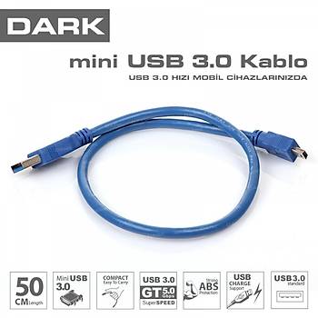 Dark DK-CB-USB3MINI 0.50 Mt USB 3.0 to mini USB Erkek-Erkek Mavi Data Þarj Kablosu