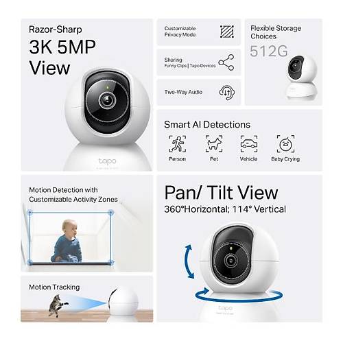Tp-Link TAPO C230 Ev i�in Wi-Fi Pan/Tilt Yapay Zekal� Kablosuz G�venlik Kameras�