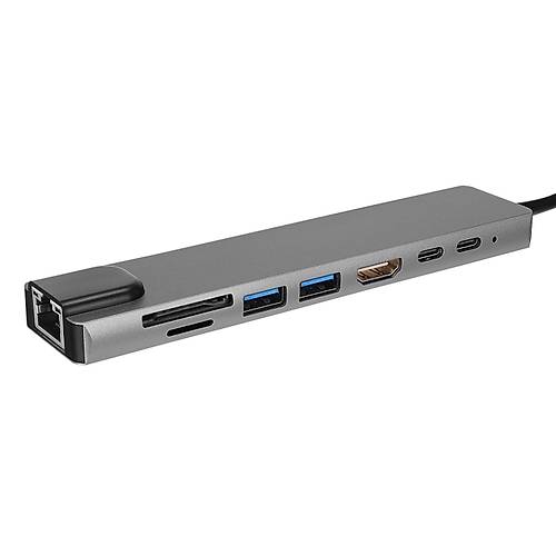 Hytech HY-USBC83 Usb Type C to HDMI 4K 2xUSB 3.0 RJ45 Gigabit SD/TF Kart Okuyucu Adaptr