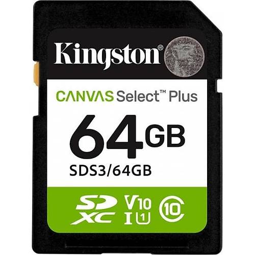 Kingston SDS3/64GB 64 GB 100Mb/s SDXC Canvas Select plus Gen3 C10 UHS-I U3 V30 SD Hafza Kart