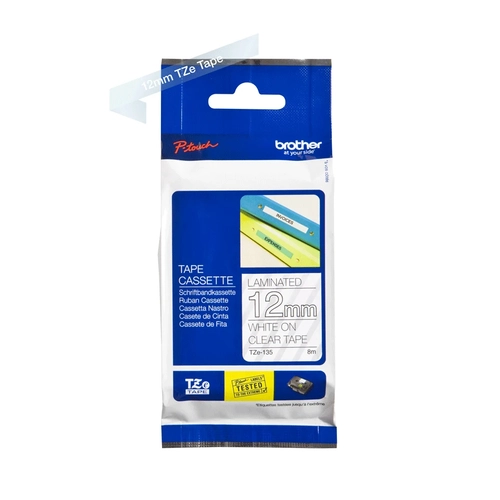 Brother TZE-135 12 mm 8 Mt �effaf �zerine Beyaz Laminasyonlu Etiket