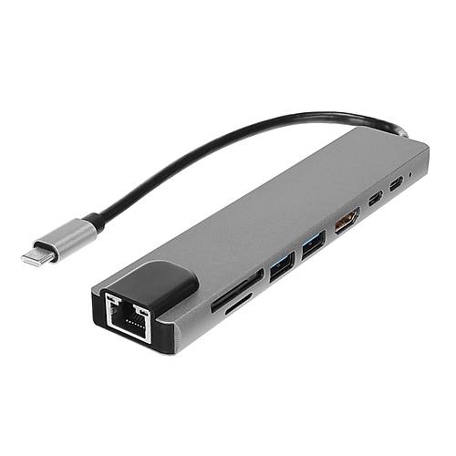Hytech HY-USBC83 Usb Type C to HDMI 4K 2xUSB 3.0 RJ45 Gigabit SD/TF Kart Okuyucu Adaptr