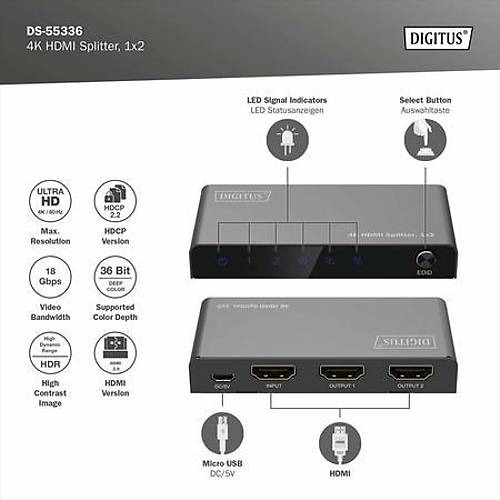 Digitus DS-55336 1 Port Giri� 2 Port ��k�� HDMI 4K 60Hz HDCP 2.2 EDID Kontrol �oklay�c�
