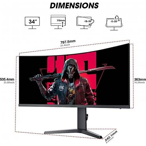 Koorui 34E6UC 34 inch 3440x1440 1ms 165Hz HDMI DP G-Sync Curved Oyuncu Monitr