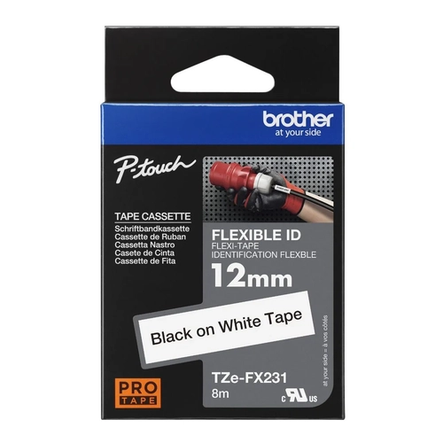 Brother P-Touch TZE-FX231 12mm 8Mt Beyaz zerine Siyah Esnek Laminasyonlu Etiket