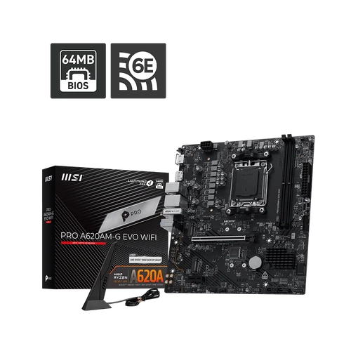 Msi PRO A620AM-G EVO WIFI Sc-AM5 DDR5 7200Mhz 2XM2 5Gbit Wi-Fi 6E ARGB ATX AMD Anakart
