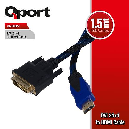 Qport Q-HDV 1.5 Mt DVI 24+1 to HDMI Erkek-Erkek Grnt Kablosu