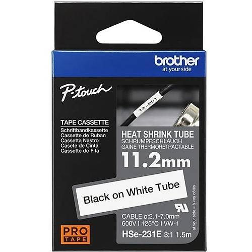 Brother HSE-231E P-Touch 12mm Is le Daralan Beyaz zeri Siyah Kablo Etiketi