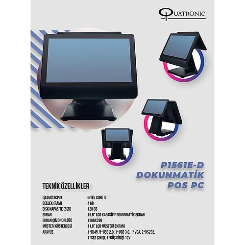 Quatronic P1561E-D CI5 4GB 128GB SSD 15.6 - 11.6 inch ifgt Ekranl Dokunmatik Pos Bilgisayar