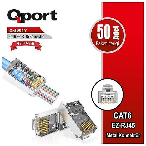 Qport Q-J601Y Ez-Rj45 Metal CAT6 Yeni Nesil 50 li Paket RJ45 Konnekt�r