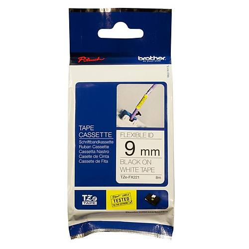 Brother P-Touch TZE-FX221 9mm 8Mt Beyaz zerine Siyah Esnek Laminasyonlu Etiket