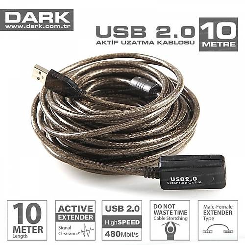Dark DK-CB-USB2EXTL10A 10 Mt USB 2.0 to USB 2.0 Erkek-Dii USB 3.0 Aktif Uzatma Kablosu
