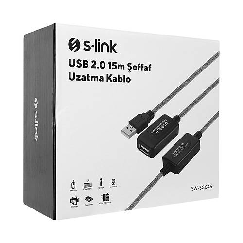 S-Link SW-SGG45 15 Mt USB 2.0 to USB 2.0 Erkek-Dii effaf USB Uzatma Kablosu
