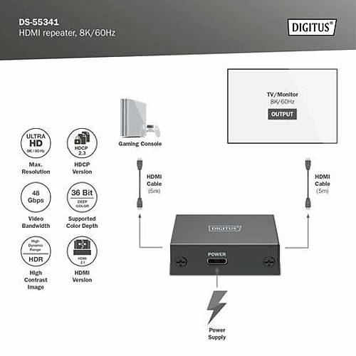 Digitus HDMI to HDMI 10 Mt 8K 132Mt 4K 60Hz HDMI Mesafe Uzat�c�s�