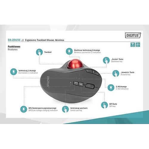 Digitus DA-20156 4000Dpi 8 Tu�lu Bataryal� Trackball Kablosuz Optik Mouse