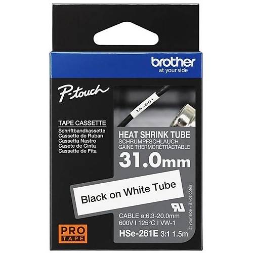 Brother HSE-261E P-Touch 31mm Is le Daralan Makaron Beyaz zeri Siyah Etiket