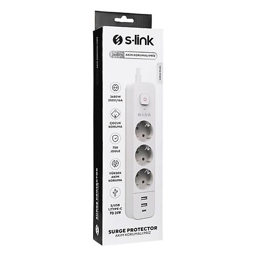 S-Link SPG3-PD20 1.5 Mt 3 l� 1 Port USB 2.0 1 Port PD 20W 306 Joule Beyaz Anahtarl� Ak�m Korumal� Priz