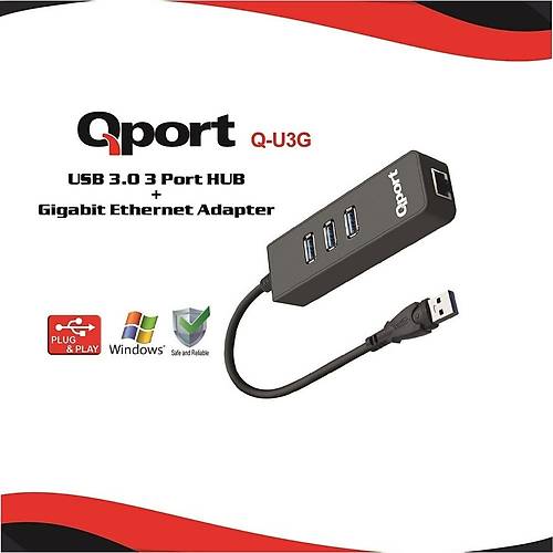 Qport Q-U3G USB 3.0 to RJ45 Gigabit 3 Port Usb 3.0 Usb Ethernet Adaptr