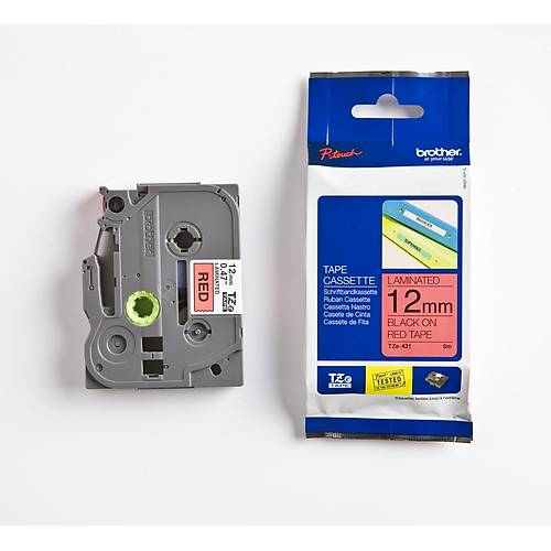 Brother P-Touch TZE-431 12mm 8Mt Krmz zerine Siyah Laminasyonlu Etiket