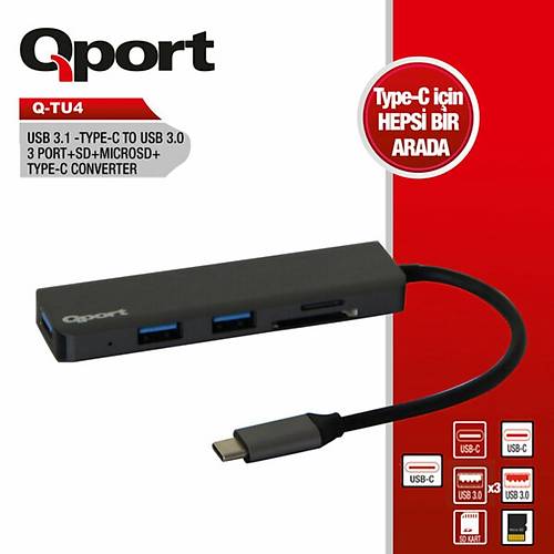 Qport Q-TU4 USB Type C to USB 3.0 SD microSD Kart Okuyucu