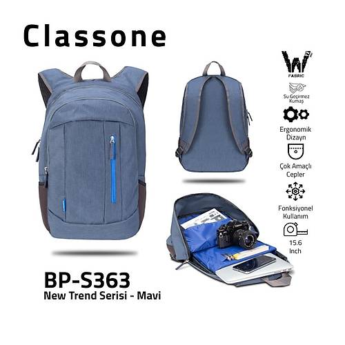 Classone BP-S363 15.6 inch New Trend Su Geirmez Kuma Mavi Notebook Srt antas
