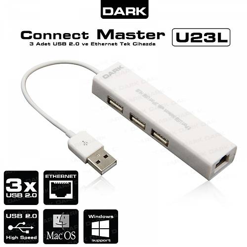 Dark DK-AC-USB23L Connect Master U23L USB 2.0 to RJ45 10/100Mbps 3 Port USB 2.0 USB Ethernet Kartı