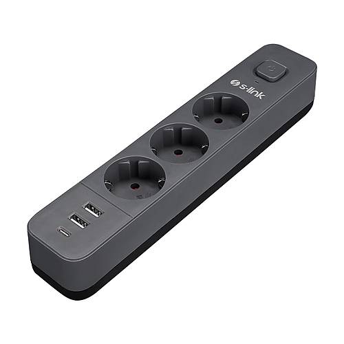S-Link SPG03U 1.5 Mt Kablou 3 l� 2x USB 5v 2.4A 100% Bak�r 750 Joule Anahtarl� Siyah Ak�m Korumal� Priz