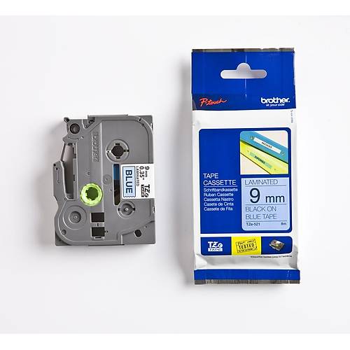 Brother P-Touch TZE-521 9mm 8Mt Mavi zerine Siyah Laminasyonlu Etiket