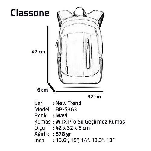 Classone BP-S363 15.6 inch New Trend Su Geirmez Kuma Mavi Notebook Srt antas