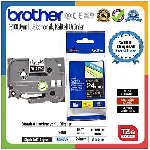 Brother P-Touch TZE-355 24mm 8Mt Siyah zerine Beyaz Laminasyonlu Etiket