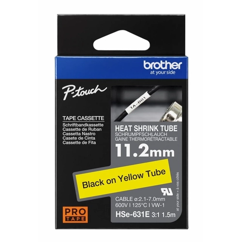 Brother HSE-631E 11.2 mm 1.5 Mt Is� Daralmal� Sar� �zerine Siyah Makaron Etiket