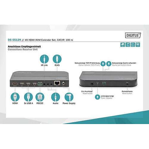 Digitus DS-55129 HDMI to RJ45 100 Mt 3xUSB 4K 30Hz HDMI Extender Mesafe Uzat�c�s�